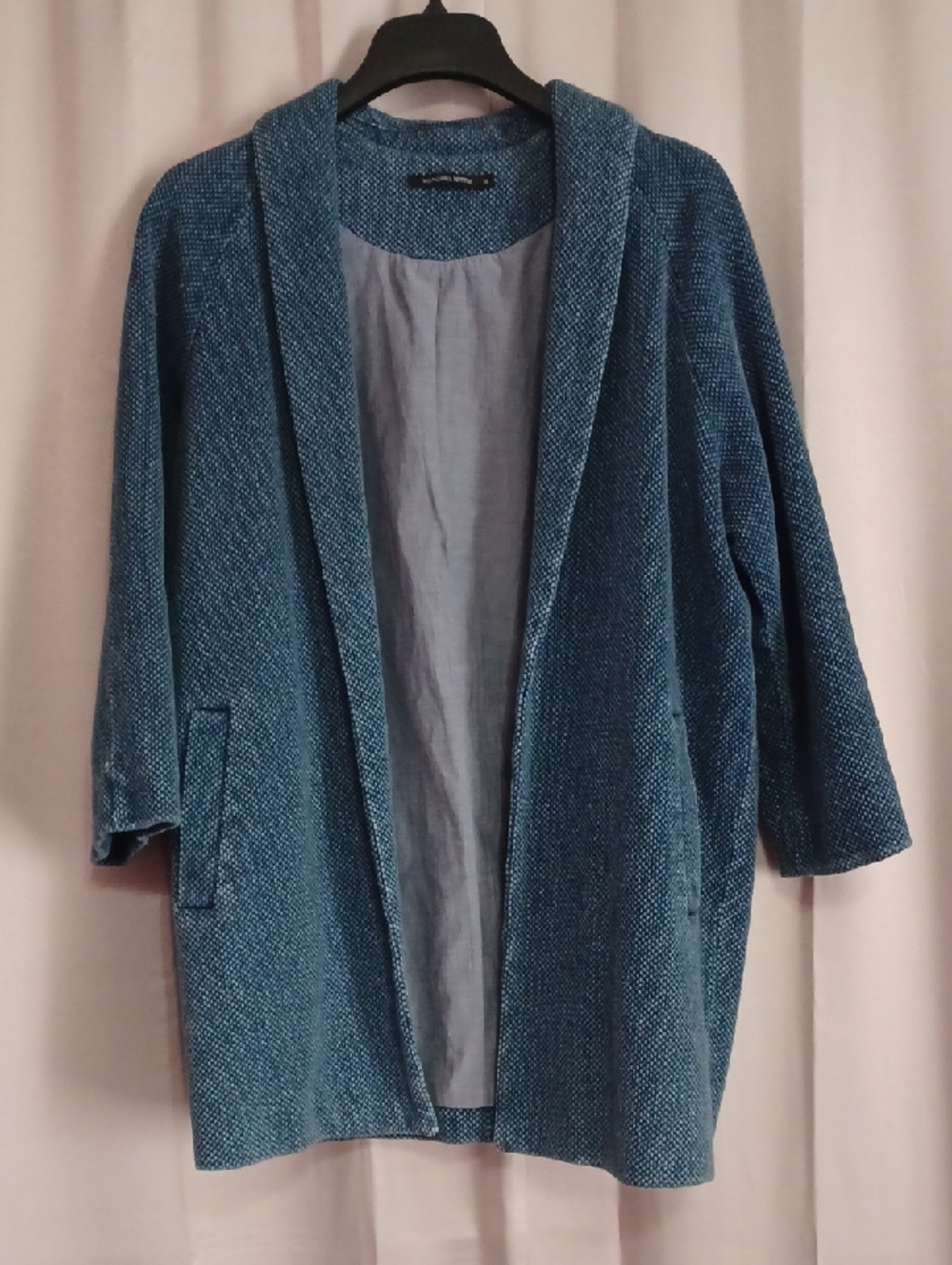 Monoprix Femme Blue Textured Open Front Heavy Cardigan Mid Length Pockets